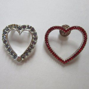 Pair of vintage heart pins red blue rhinestone
